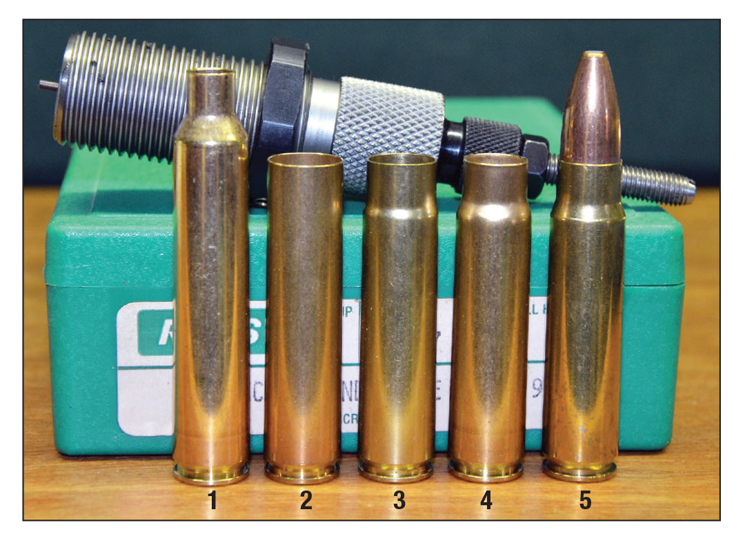 The .416 B&M case is easily formed from Nosler .300 Remington Ultra Mag brass: (1) .300 RUM case, (2) same shortened to 2.235 inches, (3) necked down with .458 B&M full-length resizing die, (4) final neck-down with a .416 B&M full-length die,  (5) loaded round (no fire-forming required).
